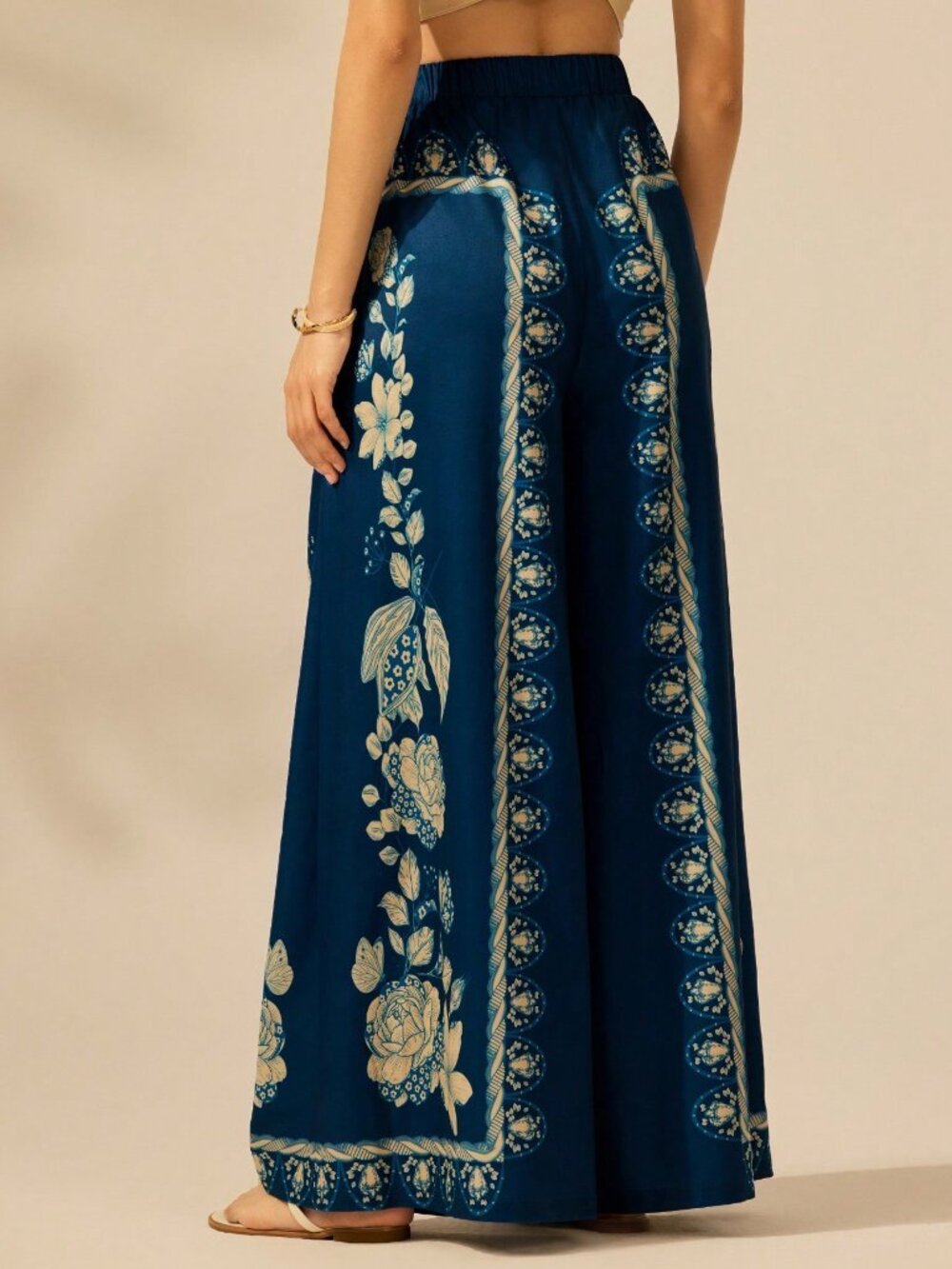 Dark Blue Boho Women's Tropical Plant Print Pants - Picture 2 of 7